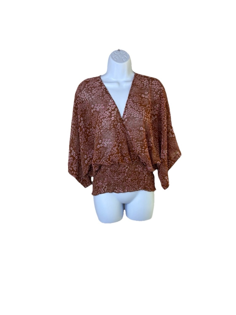 Lulu's Brown Floral Wrap Top with Smocked Hem